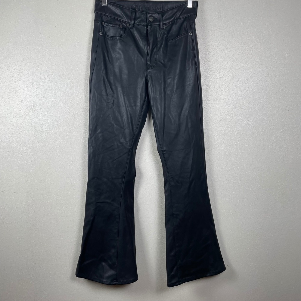 American Eagle Black Faux Leather‎ Super Hi-Rise Flare Pants Womens 6 Regular